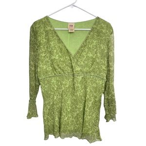 VTG Y2K Lime Green Blouse Floral Flare Bohemian Forest Fairy Babydoll L Sheer